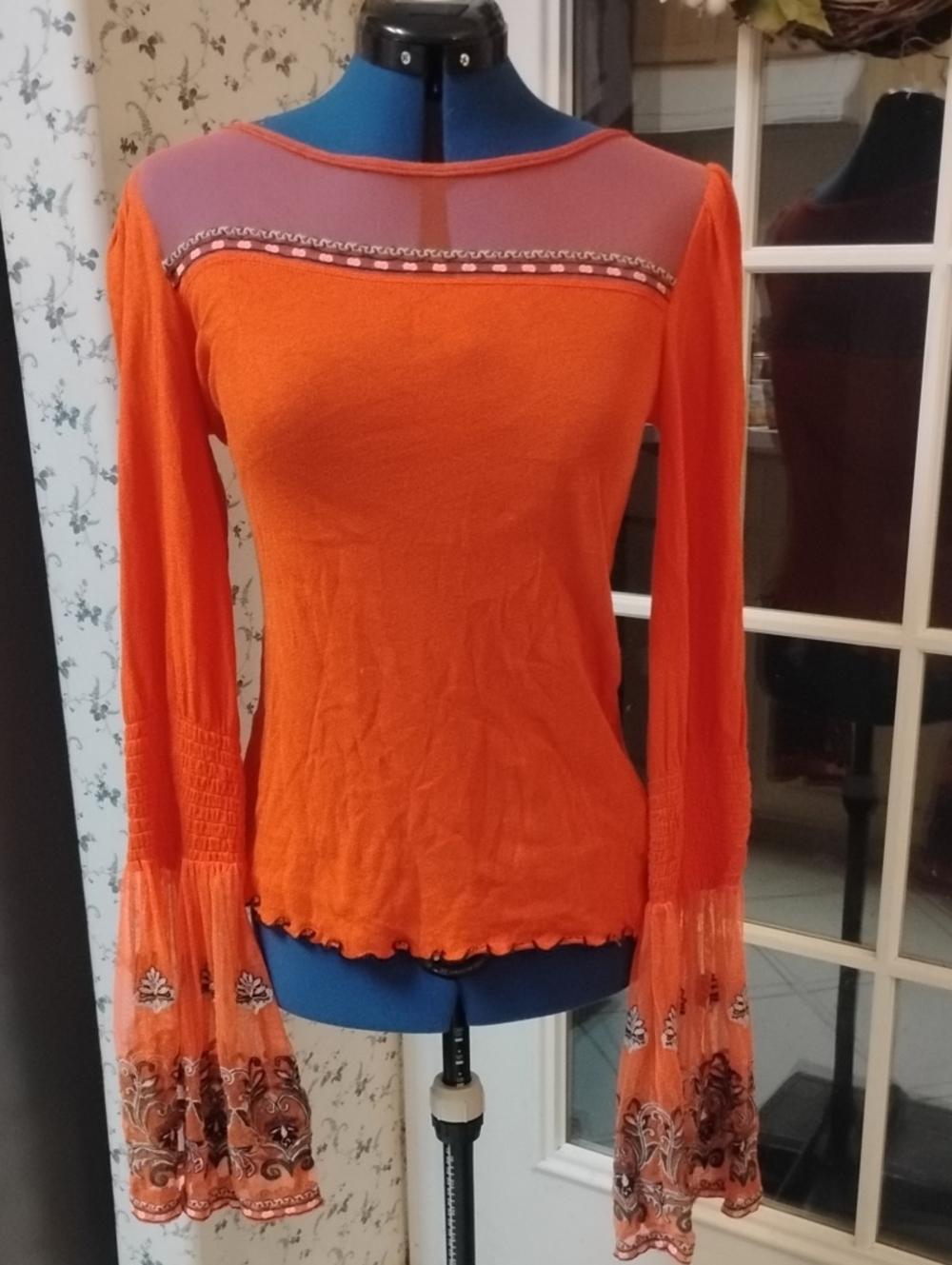 Free People Orange Top With Bell Sleeves